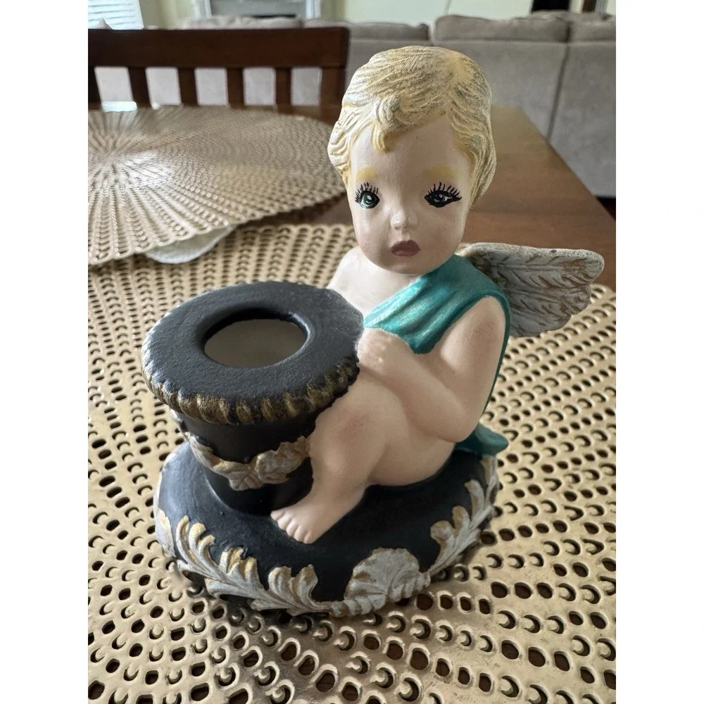 Scioto Ceramic Cherub Angel Candle Holder Hand Painted Teal Wings Black Gold